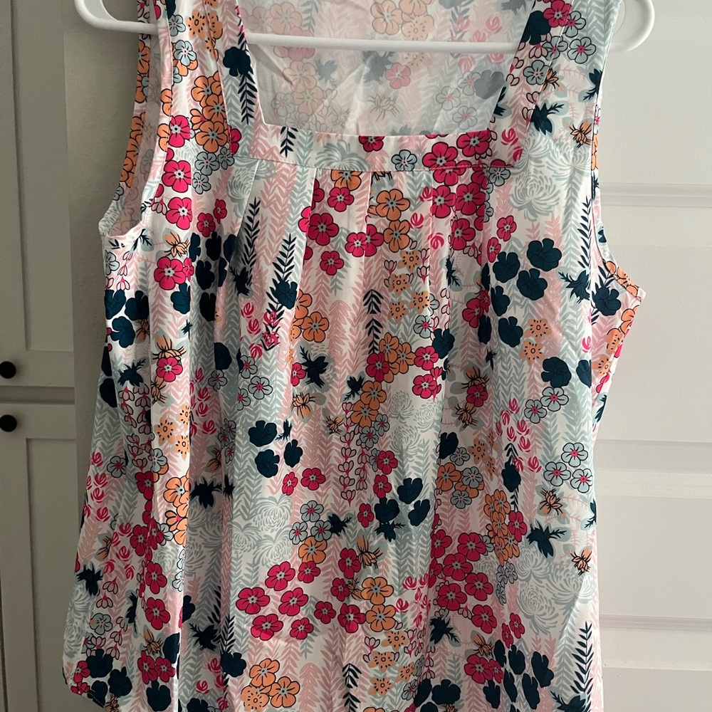 SHEIN Floral Scoop Neck Tank Top - White with Pink, Orange & Teal Flowers